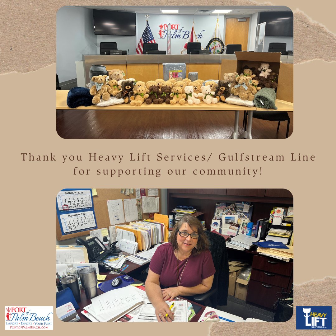Vice President of Gulfstream Line/ Heavy Lift Services Tina Dias donating bears and blankets for chi